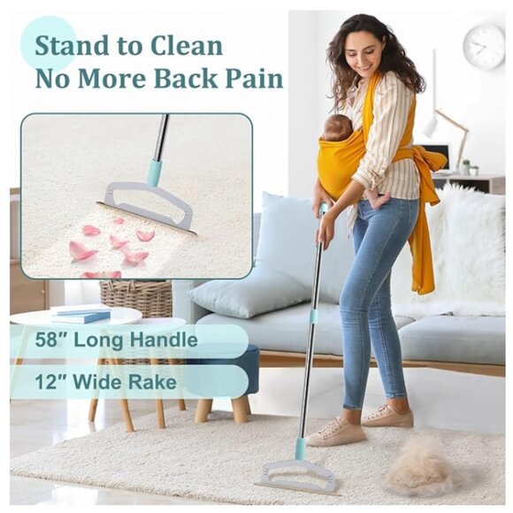 Large Metal Carpet Rake Pet Hair Removal Tool  58” Handle Thicker Poles 12” Wide - Picture 2 of 5